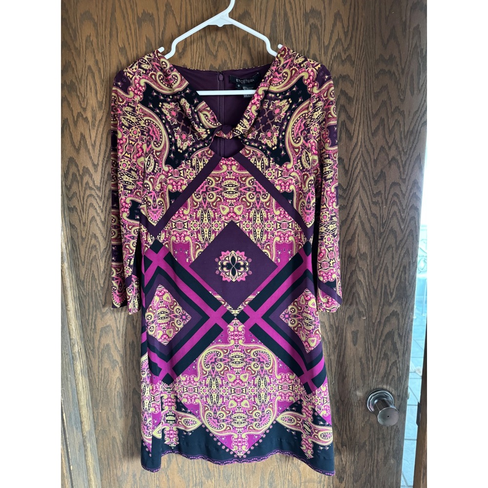 ETCETERA Paisley Print V Neck Long Sleeve Purple Pink Dress Size‎ 0